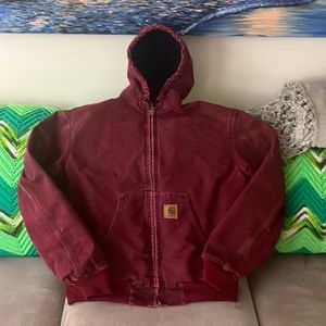Vintage Distressed Y2K Carhartt Hooded Duck Canvas Thermal Lined Jacket Red RARE
